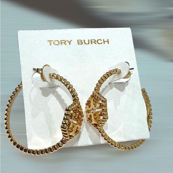 TORY BURCH MILGRAIN HEX HOOP EARRINGS GOLD TONE - Picture 3 of 3